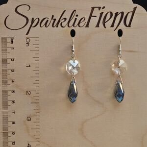 Clear octagon and blue teardrop faceted glass crystal earrings